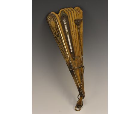 A 19th century gilt brass novelty thermometer, as a fan, 26cm over loop, c.1870