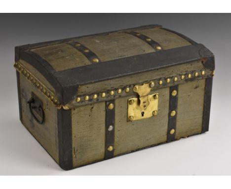 A 19th century travelling trunk, of small proportions, brass studded borders, 36cm wide