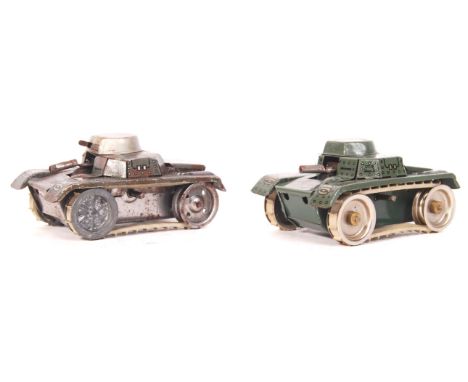 Two believed vintage Brimtoy made tinplate mechanical clockwork ' British Tanks ' both with rubber tracks and printed tin bod