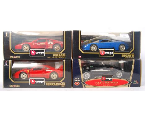 A collection of 4x Burago / Bburago made 1:18 scale precision diecast model sports cars. Comprising: Bugatti, Ferrari, Alfa R