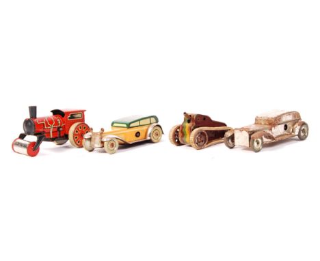 A collection of 4x early and vintage tinplate toys. Comprising; a Grotsch ' GGN ' clockwork litho-printed military gun (compl