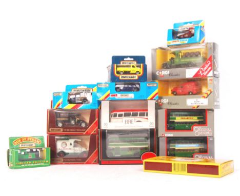 A collection of 14 x assorted boxed scale diecast model vehicles to include; Matchbox Series Commemorative Pack, Matchbox Mod