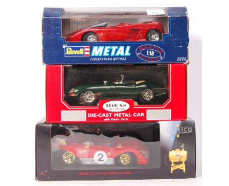 A collection of 3x assorted 1:18 scale precision boxed diecast model cars. Comprising: Revell Metal Pininfarina Mythos, Burag