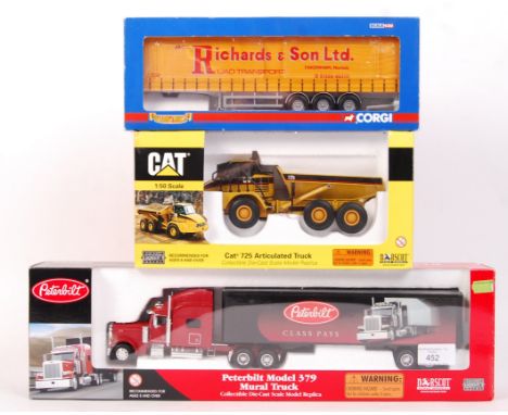 A collection of 3x 1:50 scale Haulage / Construction related diecast models. To include; 2x Norscot models - a Peterbilt Mura