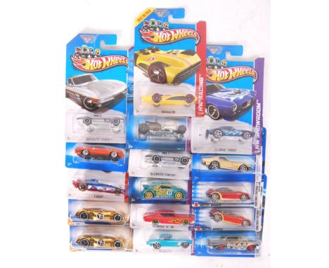 A collection of 16x assorted Hot Wheels carded diecast model cars by Mattel. Various series. All appear mint and factory seal