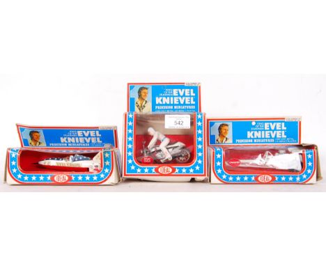 A collection of 3 x Ideal made Evel Knievel scale&nbsp;precision diecast model miniatures to include; 4301-8 Stunt Cycle, 430