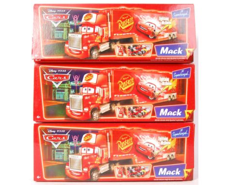 A collection of 3x Mattel made Disney Pixar ' Cars ' model ' Mack ' truck playsets - L4069. All appear ex-shop-stock, factory