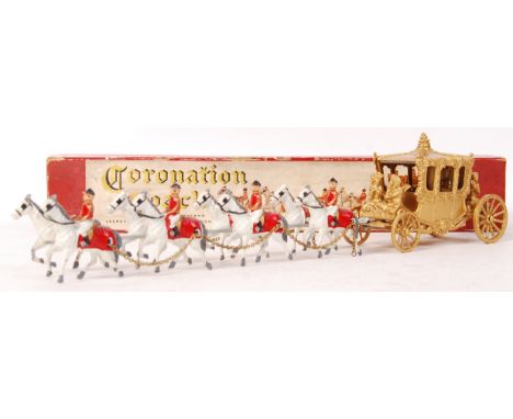 A rare variation Moko Lesney Coronation Coach scale diecast model horse drawn coach comprising of a golden carriage with Quee