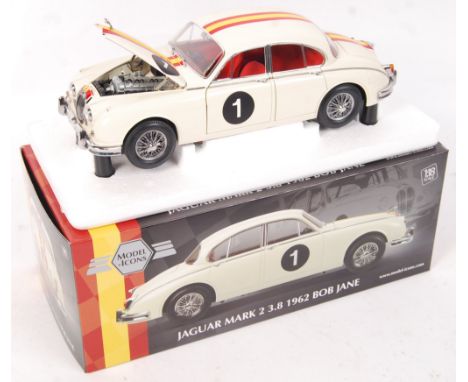 A superb 1:18 scale Australian made ' Model Icons ' Jaguar Mark II 3.8 1962 ' Bob Jane' diecast model vehicle. Ex-shop stock.