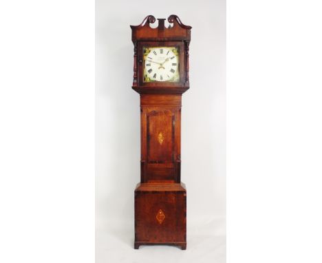 An oak and rosewood crossbanded cottage longcase clock, early 19th century, the square hood with broken scrolls, swan neck pe