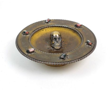 A French bronze and polished hardstone comport, second half 19th century, the dish centred by a three dimensional skull on a 