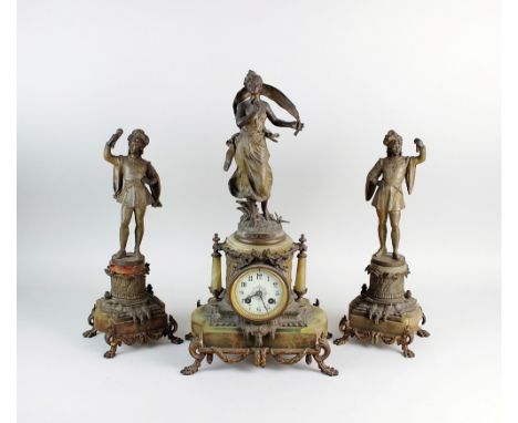 A French spelter and onyx clock garniture, early 20th century, the clock with 3 inch white enamel dial and Arabic numerals, e