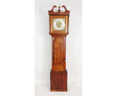 An oak and mahogany crossbanded cottage longcase clock, part George III, the square hood with broken scrolls, swan neck pedim