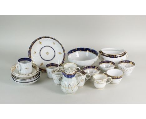 A selection of Worcester 18th century reeded and shanked tea wares, mostly blue and gilt, foliate decoration, comprising reed