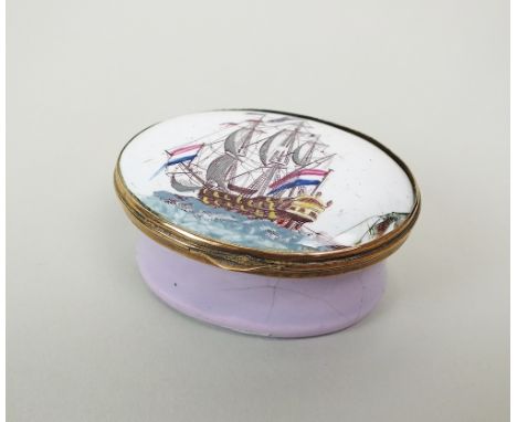 An enamel snuff box, 19th century, of waisted oval form printed and coloured with a three masted two deck Dutch frigate flyin
