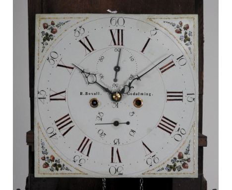 A George III oak thirty hour longcase clock the 12 inch square painted dial signed R.Boscall, Godalming, the dial with false 