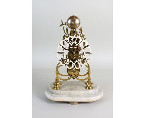 A late Victorian skeleton clock, 19th century, the Gothic inspired frame with triple steeple upper section, fusee movement, a