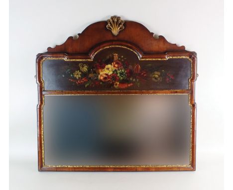A George I style walnut framed wall mirror, 19th/20th century, with bracket surmount and centred by a gilt scallop shell abov