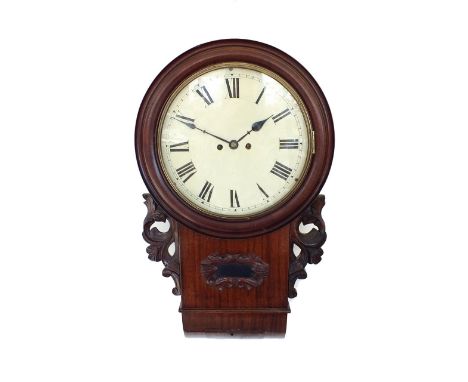 A Victorian mahogany drop dial wall clock, mid 19th century and later, the 12 inch white enamel dial with Roman numerals and 