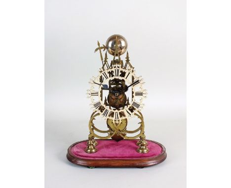 A gilt brass skeleton clock, the steeple frame containing a fusee movement with anchor escapement and passing strike on a bel