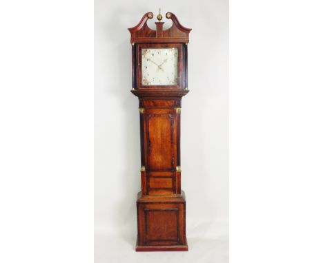 A George III oak and mahogany crossbanded cottage longcase clock, 18th century and later, the square hood with broken scroll 