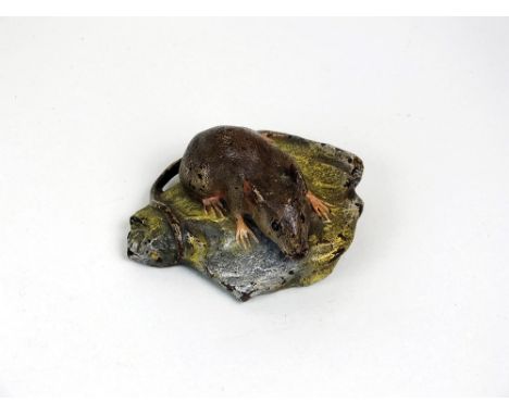 After Franz Bergman: a cold painted bronze study of a rat on a rocky plinth, stamped 'B' in a vase motif and No.3834 7cm wide