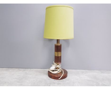 Mahogany brass inlaid table lamp with green shade