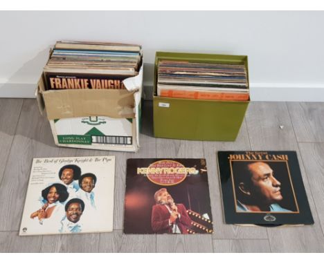2 boxes of vintage records including kenny rogers, the great Johnny cash and the best of gladys knight and the pips etc