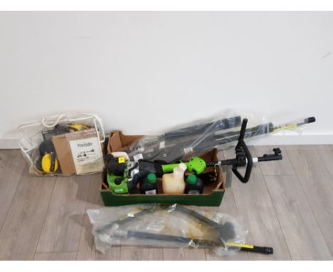 The handy petrol multi garden tool with chainsaw/ hedge trimmer attachments and safety helmets etc