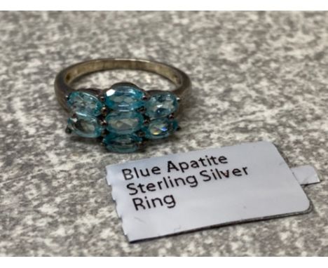 Silver and 7 stone oval blue apatite ring as new with ticket, 1.9g size J