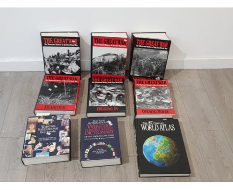 9 hard back books including the great war, websters international encyclopedia and the 21st century world atlas etc