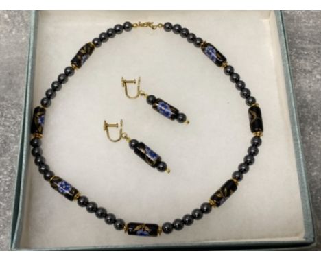 HAEMATITE bead and enamel beaded necklet and drop earrings, boxed