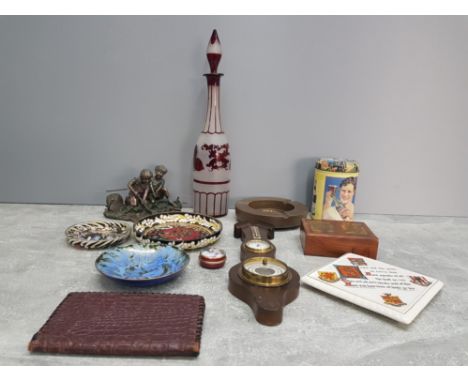 A box of miscellaneous to include studio pottery ashtray barometer with brass dial wooden box with brass inlay containing pla