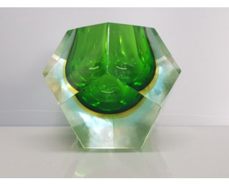 Magnificent vintage 4.5 inch high and wide 1.70 kilo Murano green with orange sommerso cased clear multi optic vase