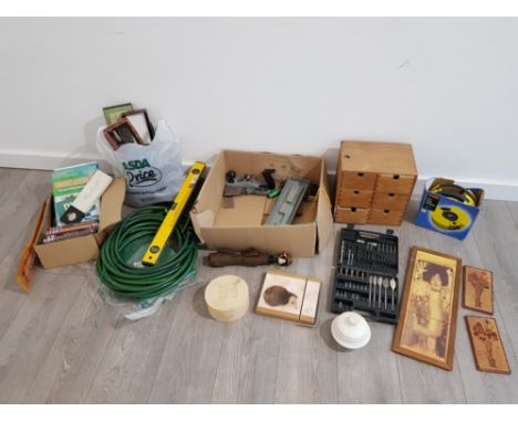 Mixed items including halfords digital tyre inflator , garden hose and a selection of tools etc