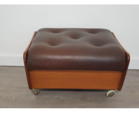 Vintage danish teak brown leather seated stool on castors