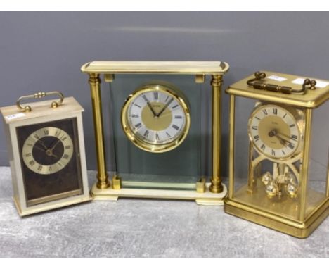 Time master carriage clock together with 2 Acctim brass effect clocks mantle and anniversary