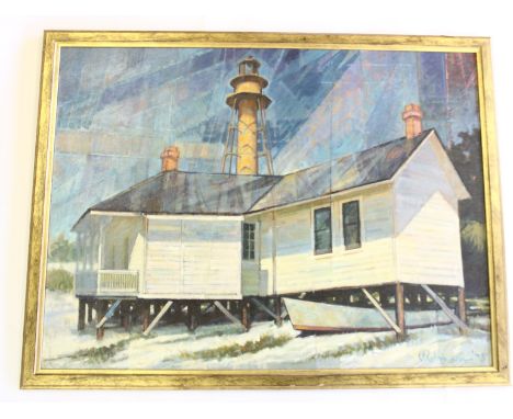 R.Robinson, titled 'Old Sanibel light' Point Ybel, FLA, 1973 oil on canvas (110cm x 40cm)