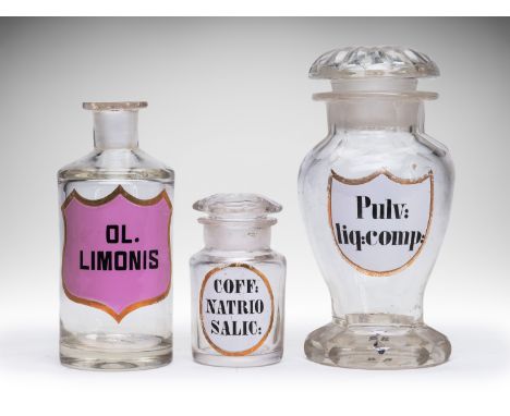 LOT OF 3 PHARMACY/APOTHECARY/MEDICAL JARS | EUROPE | 19th century | 9, 14, 17 cm (height) | Glass, painted labels | Provenanc