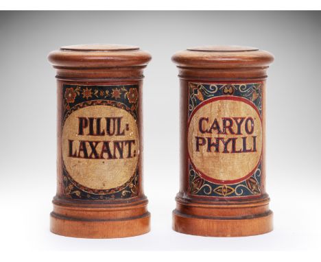 TWO PHARMACY/APOTHECARY/MEDICAL JARS | CENTRAL EUROPE | Around year 1900 | 14 cm (height) | Painted wood | Provenance: privat