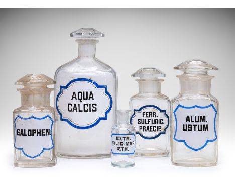LOT OF 5 PHARMACY/APOTHECARY/MEDICAL JARS | EUROPE | Turn of the 19th and 20th century | 9 - 23 cm (height) | Glass, painted 