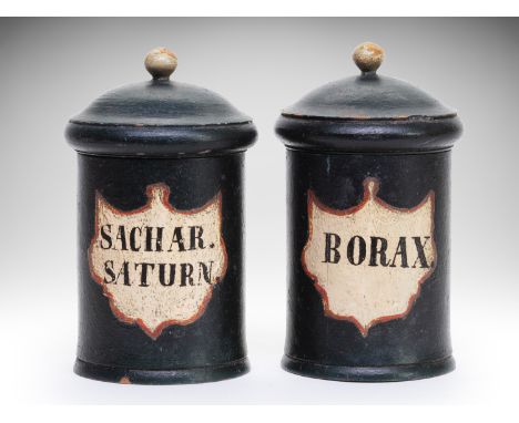 TWO PHARMACY/APOTHECARY/MEDICAL JARS | CENTRAL EUROPE | 18th century | 14 cm (height) | Painted wood | Provenance: private ph