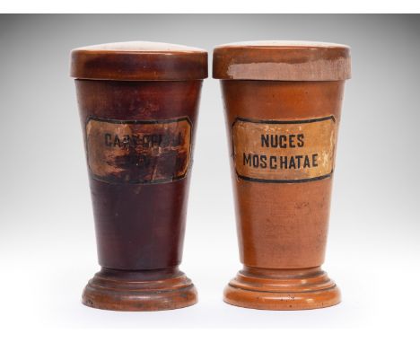 TWO PHARMACY/APOTHECARY/MEDICAL JARS | CENTRAL EUROPE | 19th century | 20 (height) | Wood, paper labels | Provenance: private