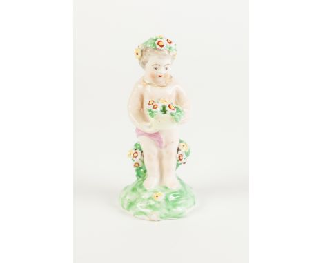 EARLY DERBY PORCELAIN ALLEGORICAL FIGURE OF SUMMER, modelled as a putto with flowers, 4 ¼" (10.8cm) high, patch marks and inc