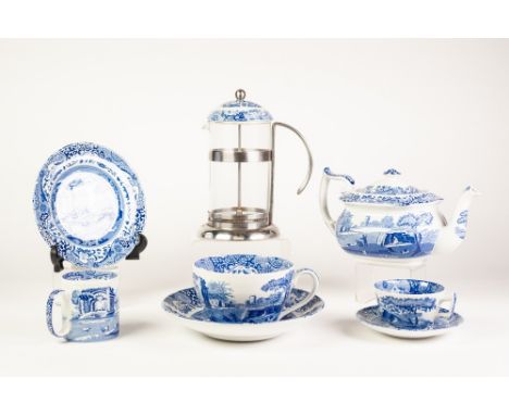 THIRTY PIECE MODERN SPODE 'ITALIAN' PATTERN BLUE AND WHITE POTTERY DINNER AND BREAKFAST SERVICE FOR SIX PERSONS, including: T