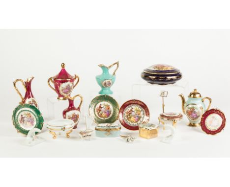 COLLECTION OF MODERN LIMOGES CHINA, blue, claret and turquoise grounds, typically decorated, including, CIRCULAR BOX AND COVE