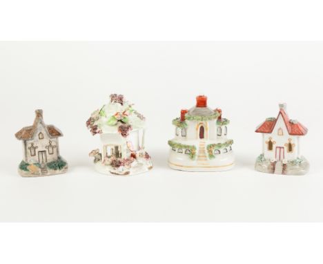 FOUR STAFFORDSHIRE STYLE SMALL CERAMIC COTTAGES, three flat backed, and three as pastille burners, 4" (10.2cm) high and small