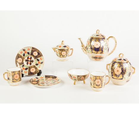 NINETEENTH CENTURY DAVENPORT JAPAN PATTERN CHINA EIGHT PIECE TEA FOR TWO SET, comprising: TEAPOT AND COVER, TWO HANDLED SUCRI