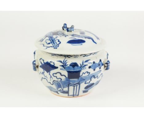 A CHINESE LATE CHING DYNASTY PORCELAIN RICE BOWL with cover,  the body with four loops for bamboo cane handle, the shallow do