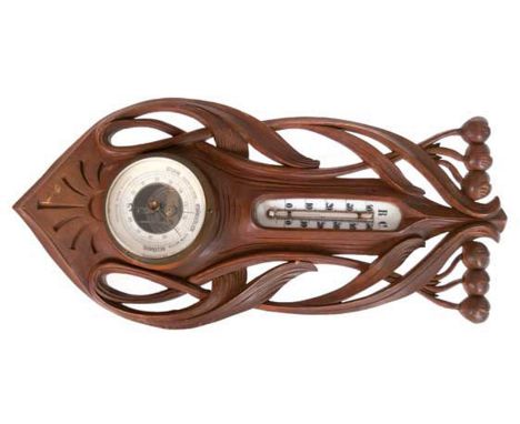 Jugendstil-Barometer, mahagonifarbenes Holz, Leopold Wolf, mit Thermometer und Hydrometer, Gebrauchspuren, H. 45 cm